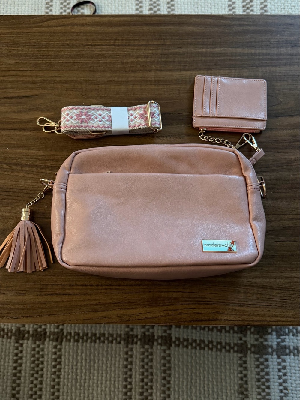 Modern + Chic Alice Crossbody Bag in blush pink with Tassel and Cardholder
